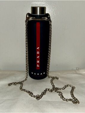 Prada Dark Navy Water Bottle with Red Stripe & aftermarket Silver Chain